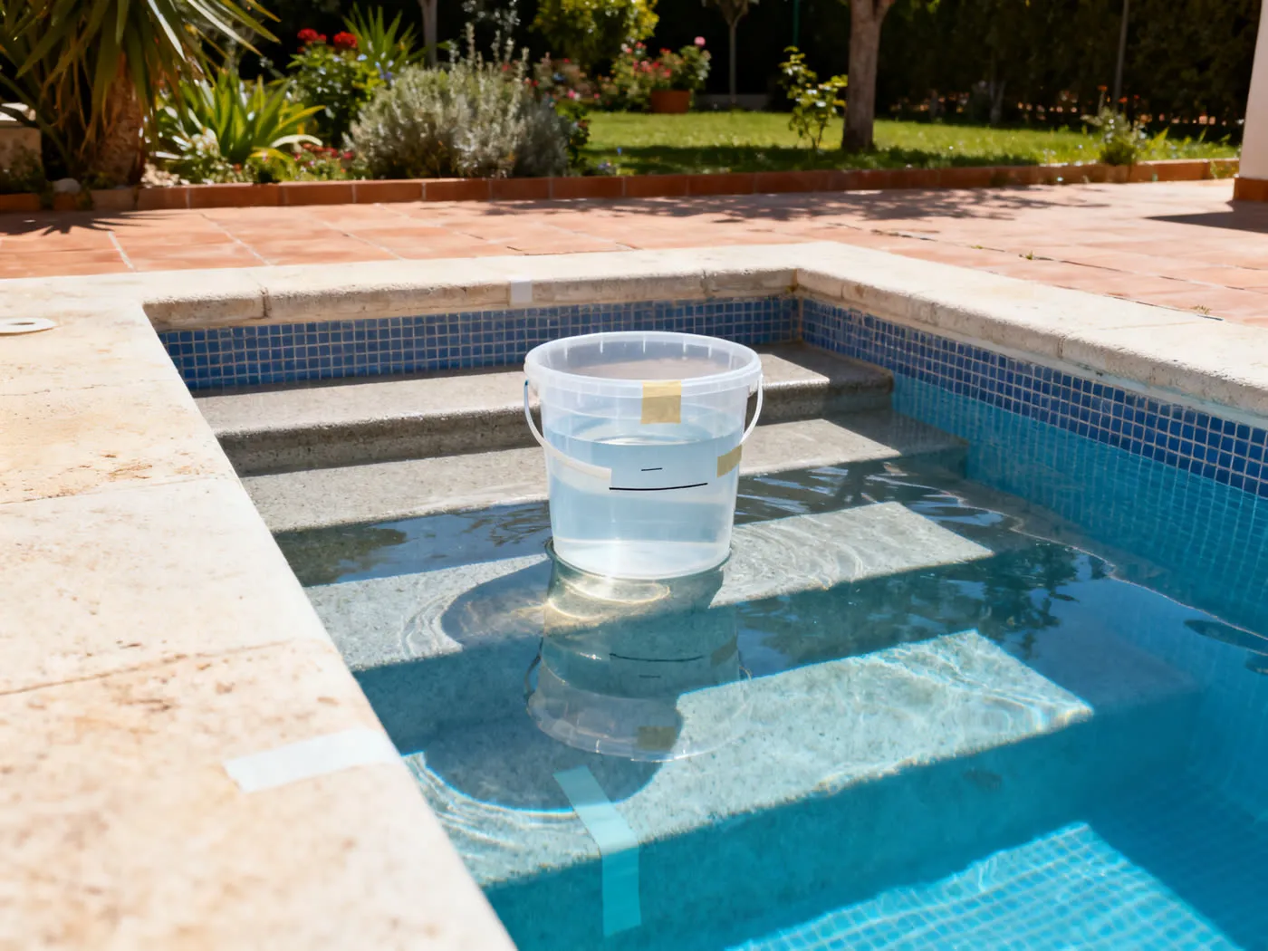 Cubo con agua en el primer escalón de una piscina, con el nivel marcado con cinta