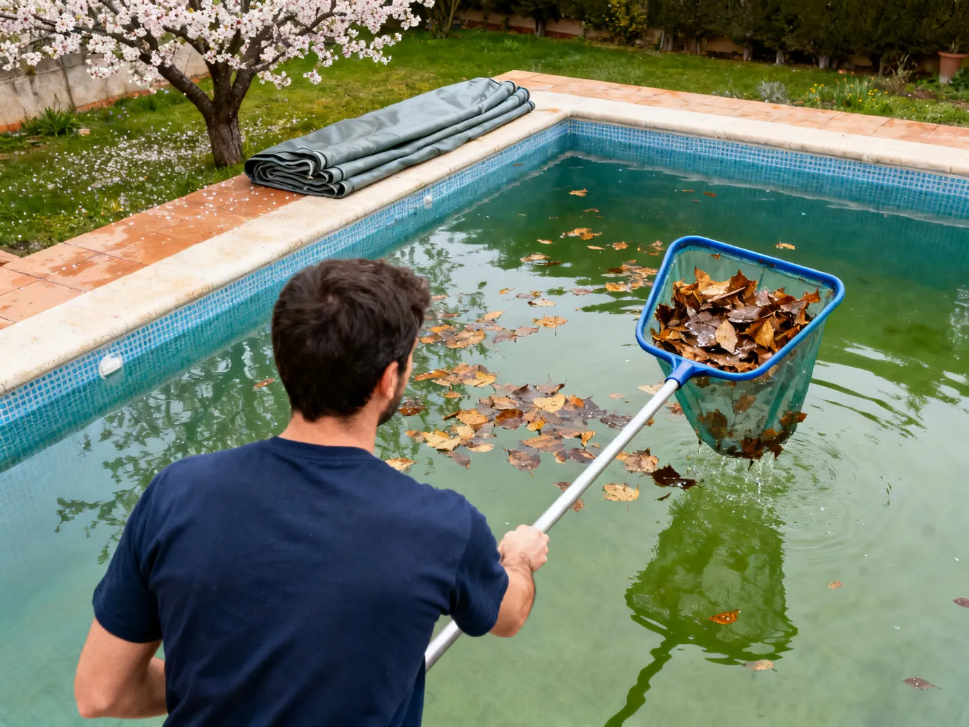 Sacando hojas de una piscina con el recogehojas después del invierno