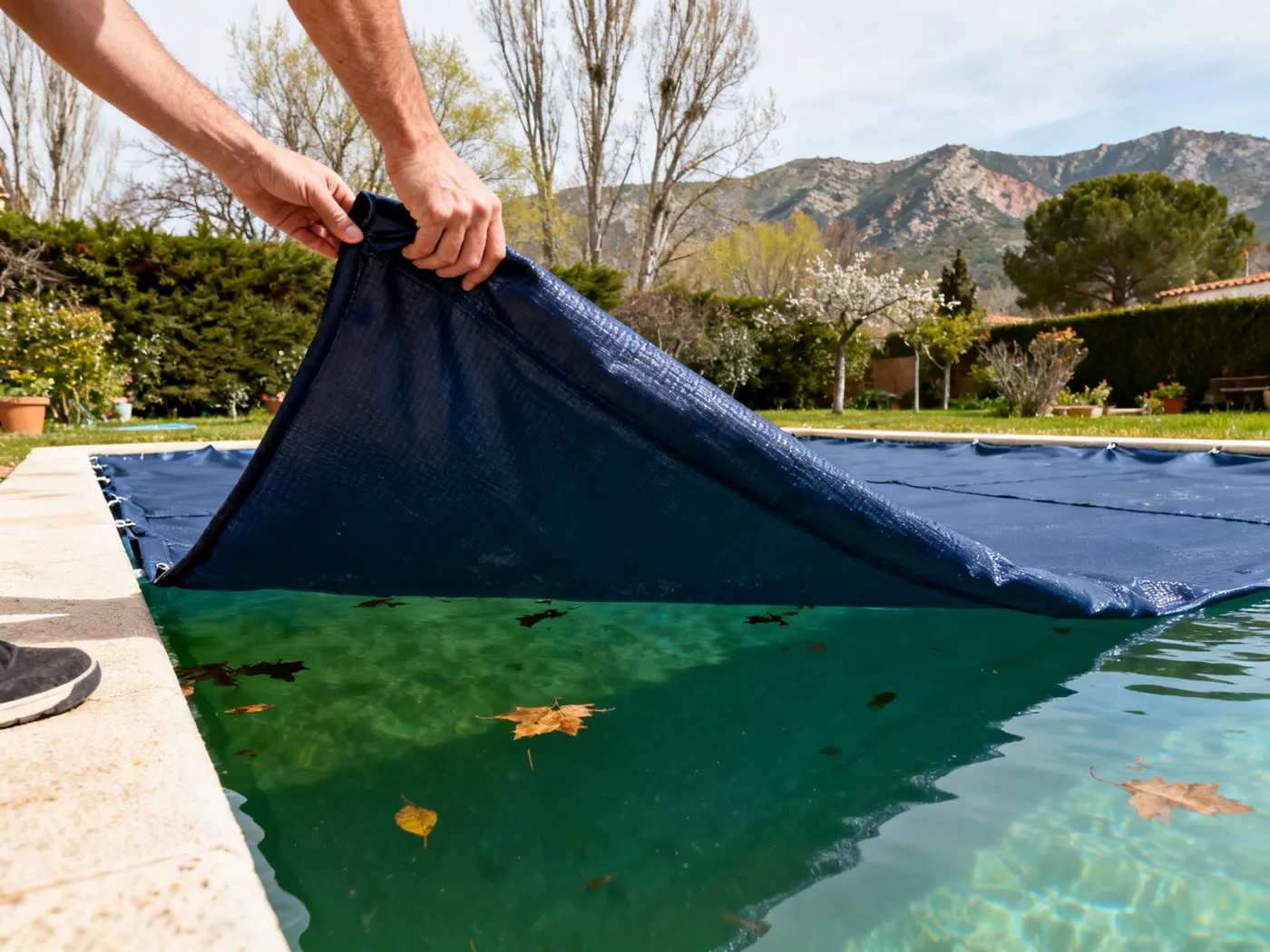 Retirando la lona de invierno de una piscina en primavera